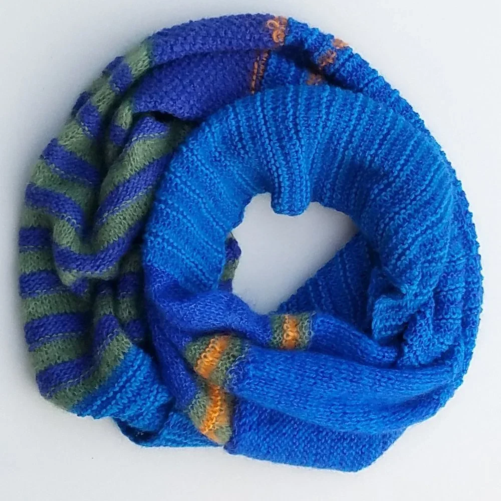 Hand Knit Striped Infinity Scarf, Cobalt Blue/Olive Multi